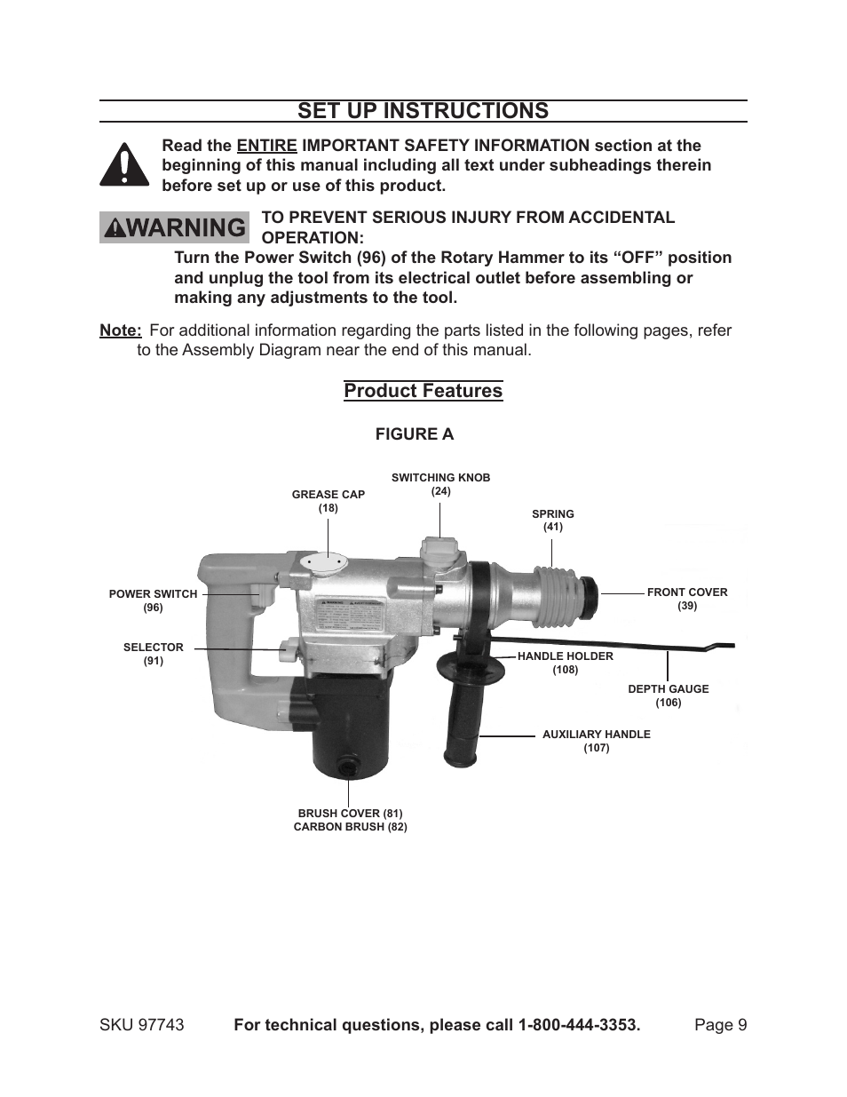 Set up instructions, Product features | Chicago Electric Rotary Hammer 97743 User Manual | Page 9 / 18