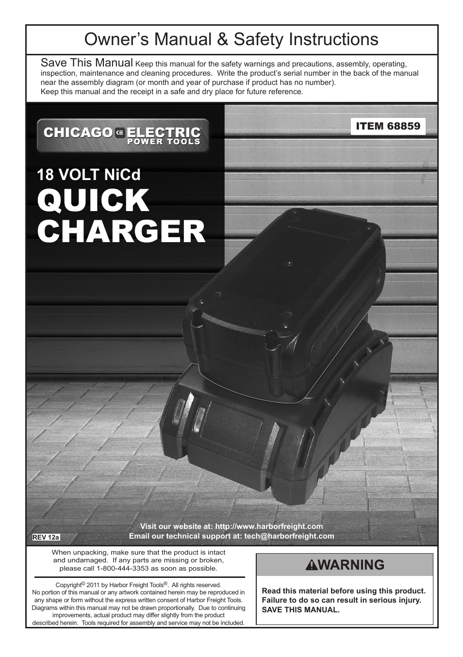 Chicago Electric 18 Volt NiCd Quick Charger 68859 User Manual | 8 pages