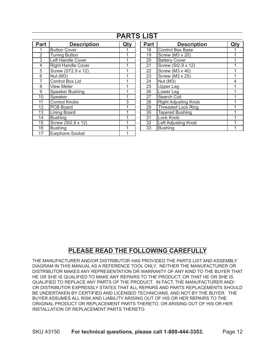 Parts list, Please read the following carefully | Chicago Electric 43150 User Manual | Page 12 / 13