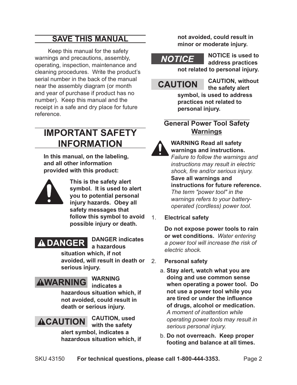 Important safety information, Save this manual | Chicago Electric 43150 User Manual | Page 2 / 13