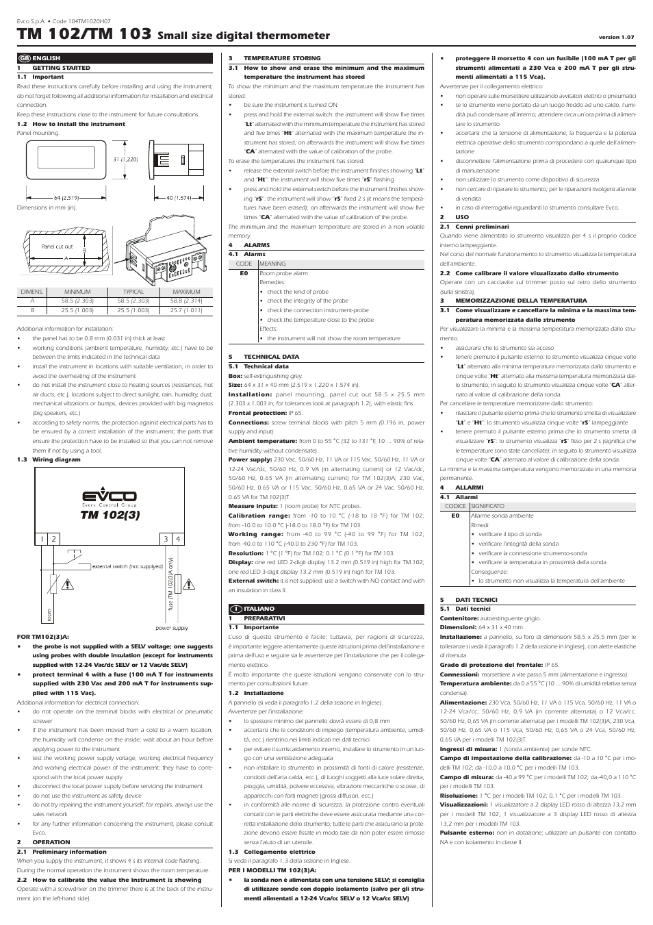 EVCO TM103T User Manual | 2 pages