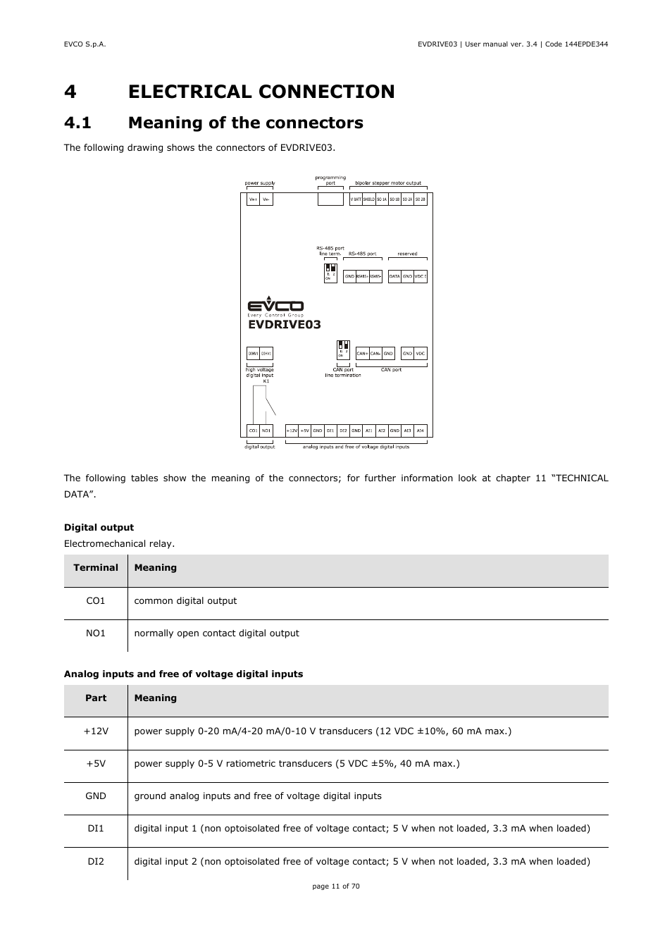 4electrical connection, 1 meaning of the connectors | EVCO EPD4DF3 Installer manual User Manual | Page 11 / 70
