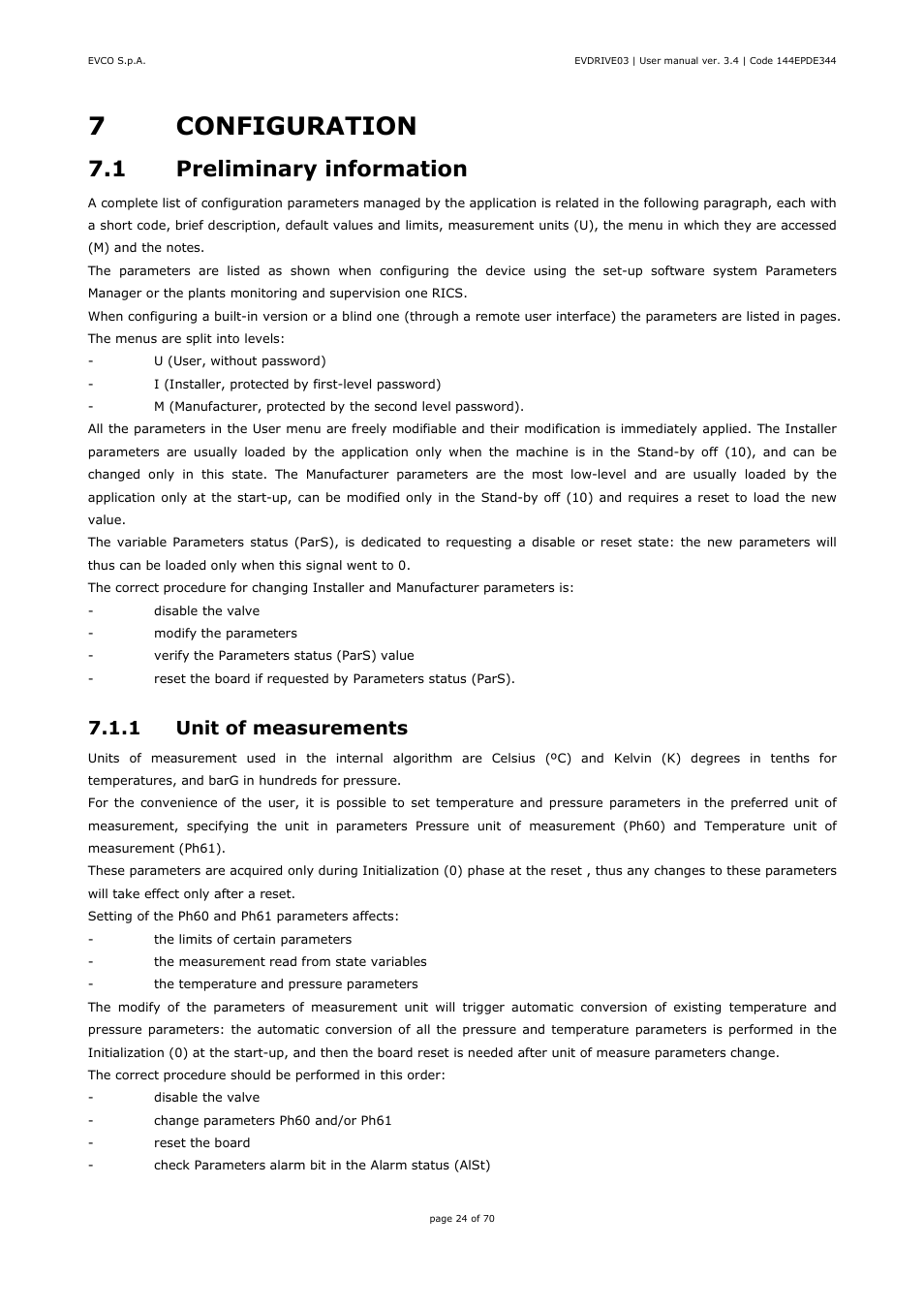 7configuration, 1 preliminary information, 1 unit of measurements | EVCO EPD4DF3 Installer manual User Manual | Page 24 / 70