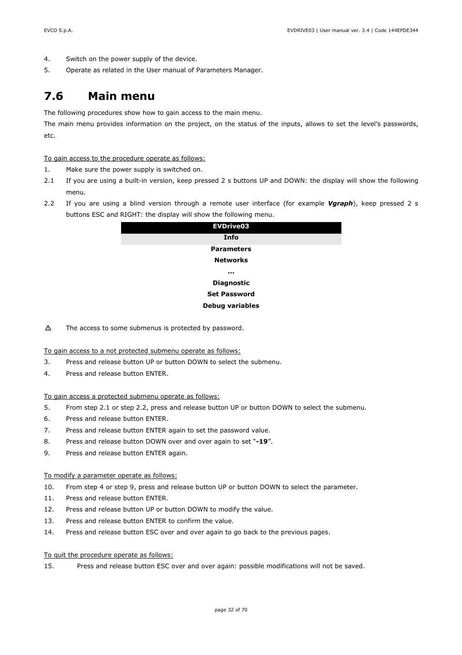 6 main menu | EVCO EPD4DF3 Installer manual User Manual | Page 32 / 70