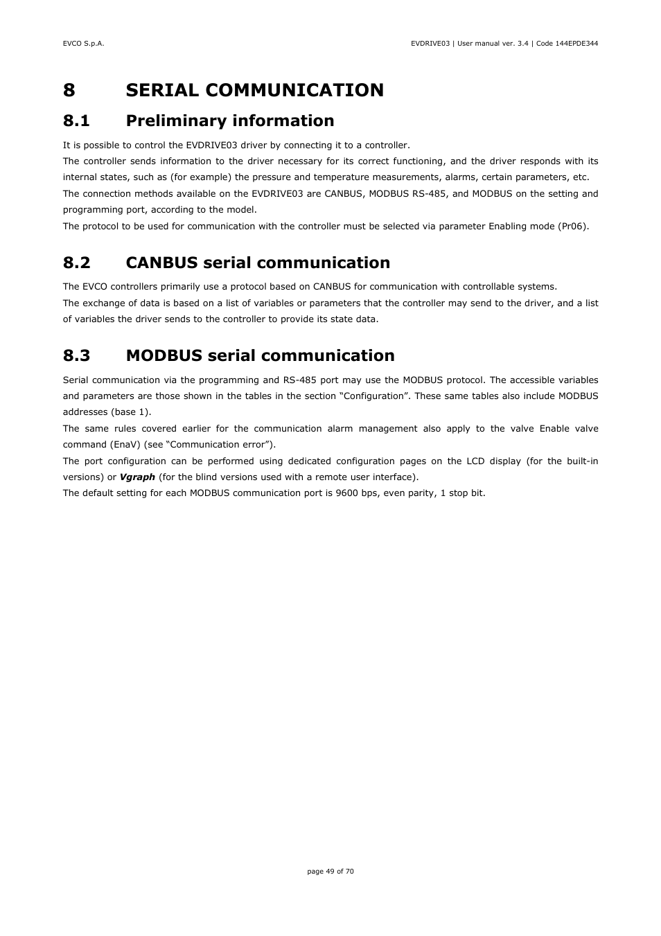 8serial communication, 1 preliminary information, 2 canbus serial communication | 3 modbus serial communication | EVCO EPD4DF3 Installer manual User Manual | Page 49 / 70