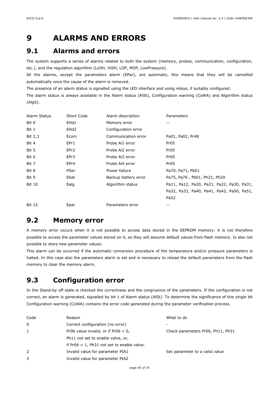 9alarms and errors, 1 alarms and errors, 3 configuration error | EVCO EPD4DF3 Installer manual User Manual | Page 50 / 70