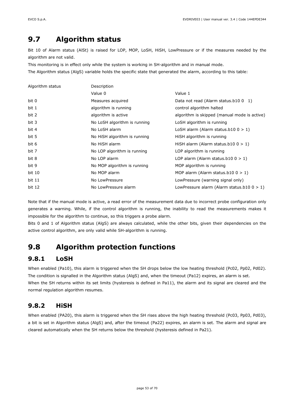 7 algorithm status, 8 algorithm protection functions, 1 losh | 2 hish | EVCO EPD4DF3 Installer manual User Manual | Page 53 / 70