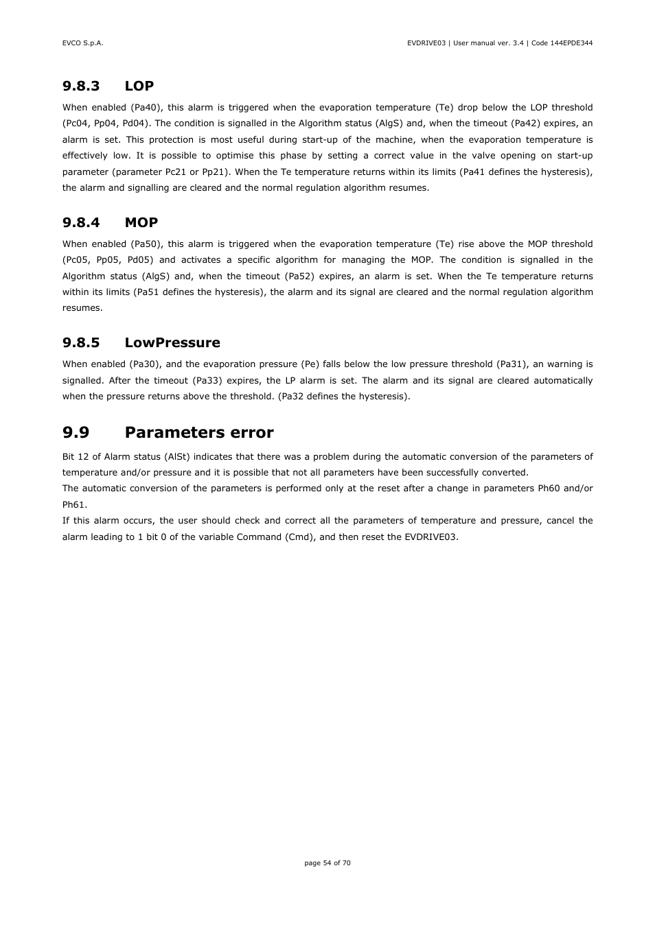 9 parameters error, 3 lop, 4 mop | 5 lowpressure | EVCO EPD4DF3 Installer manual User Manual | Page 54 / 70
