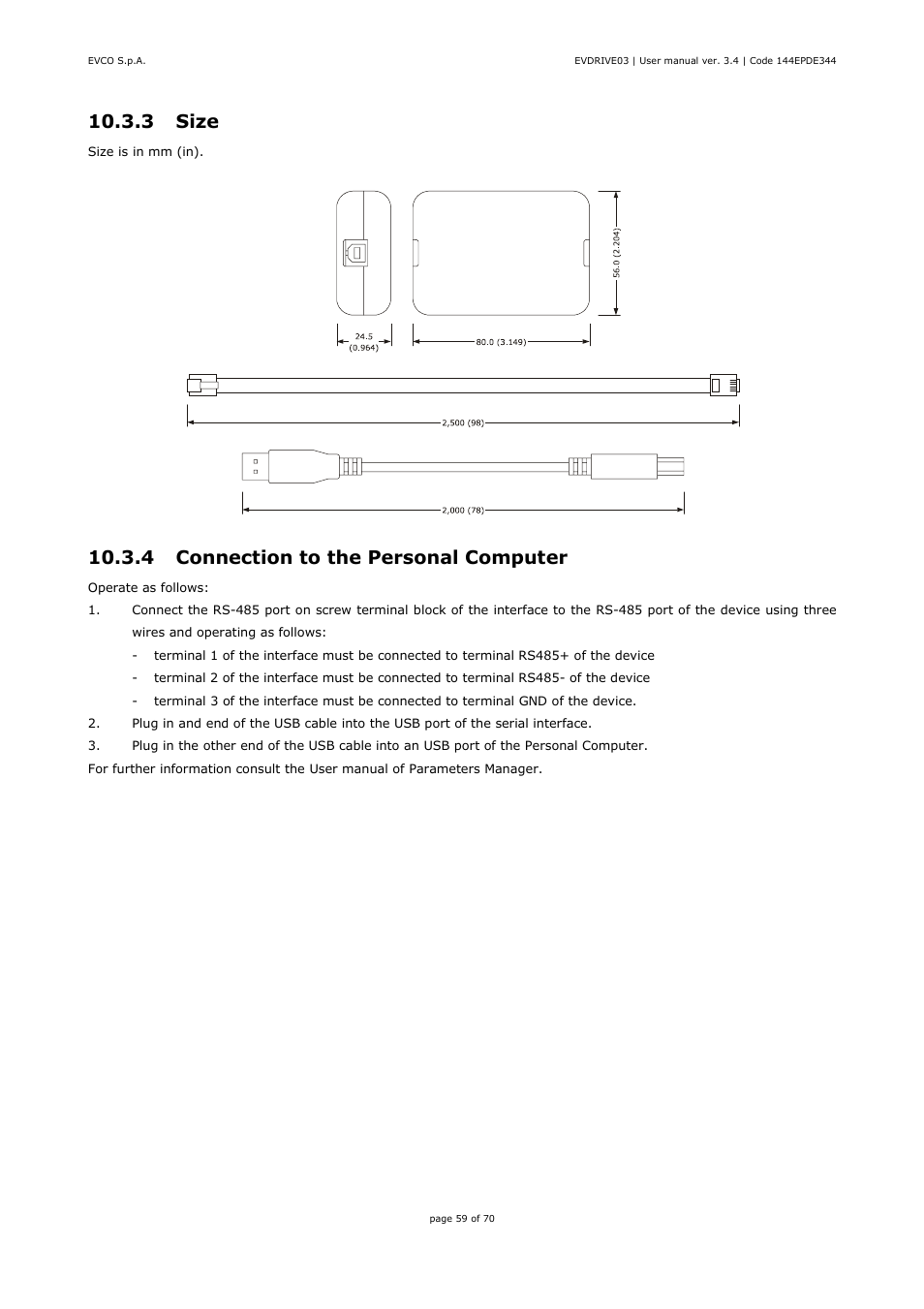 3 size, 4 connection to the personal computer | EVCO EPD4DF3 Installer manual User Manual | Page 59 / 70