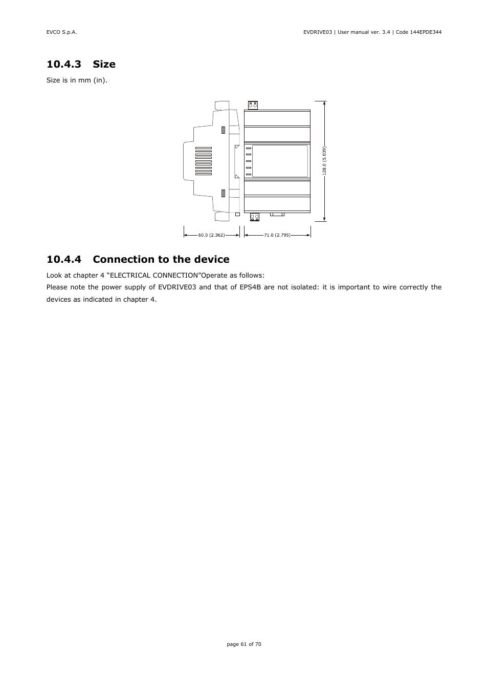3 size, 4 connection to the device | EVCO EPD4DF3 Installer manual User Manual | Page 61 / 70
