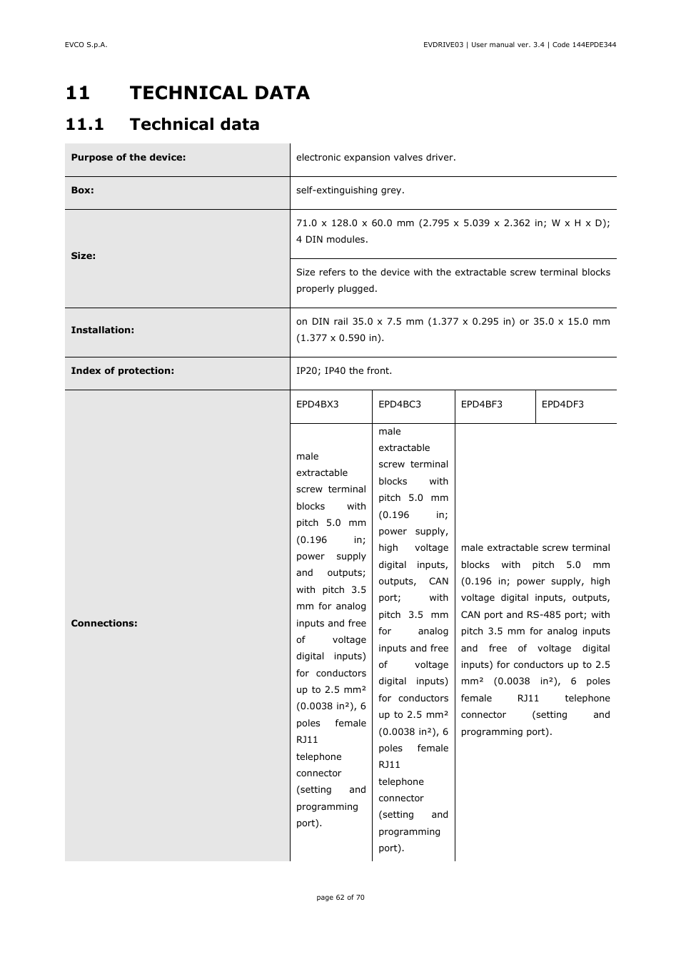 11 technical data, 1 technical data | EVCO EPD4DF3 Installer manual User Manual | Page 62 / 70