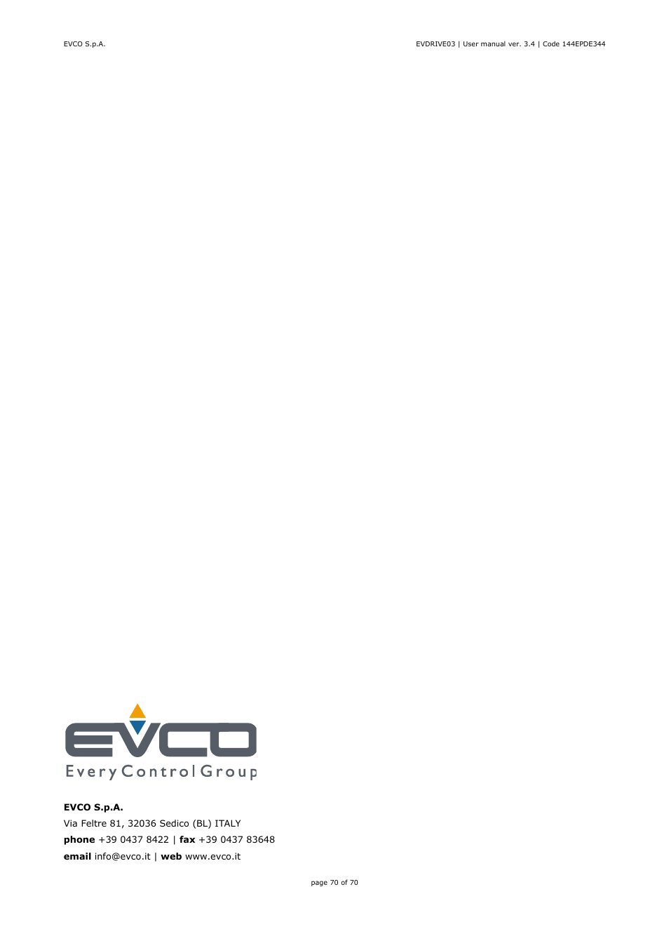 EVCO EPD4DF3 Installer manual User Manual | Page 70 / 70
