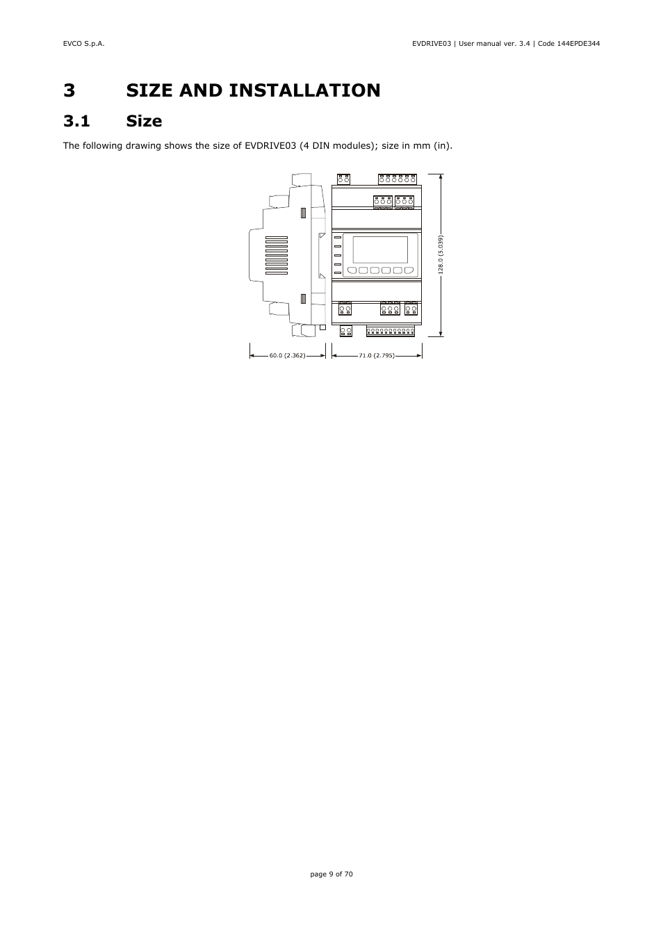3size and installation, 1 size | EVCO EPD4DF3 Installer manual User Manual | Page 9 / 70