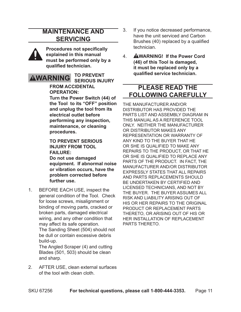 Maintenance and servicing, Please read the following carefully | Chicago Electric MULTI-FUNCTION POWER TOOL 67256 User Manual | Page 11 / 14