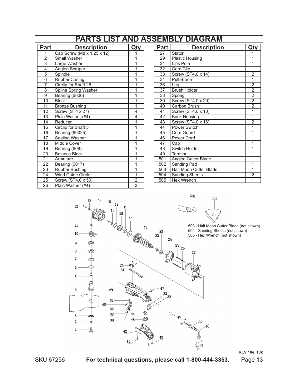 Parts list and assembly diagram, Part description qty | Chicago Electric MULTI-FUNCTION POWER TOOL 67256 User Manual | Page 13 / 14