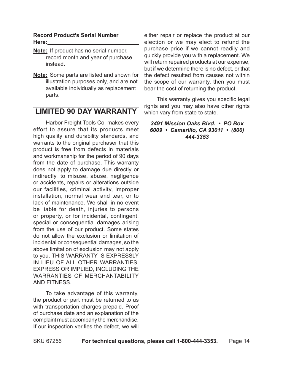 Limited 90 day warranty | Chicago Electric MULTI-FUNCTION POWER TOOL 67256 User Manual | Page 14 / 14