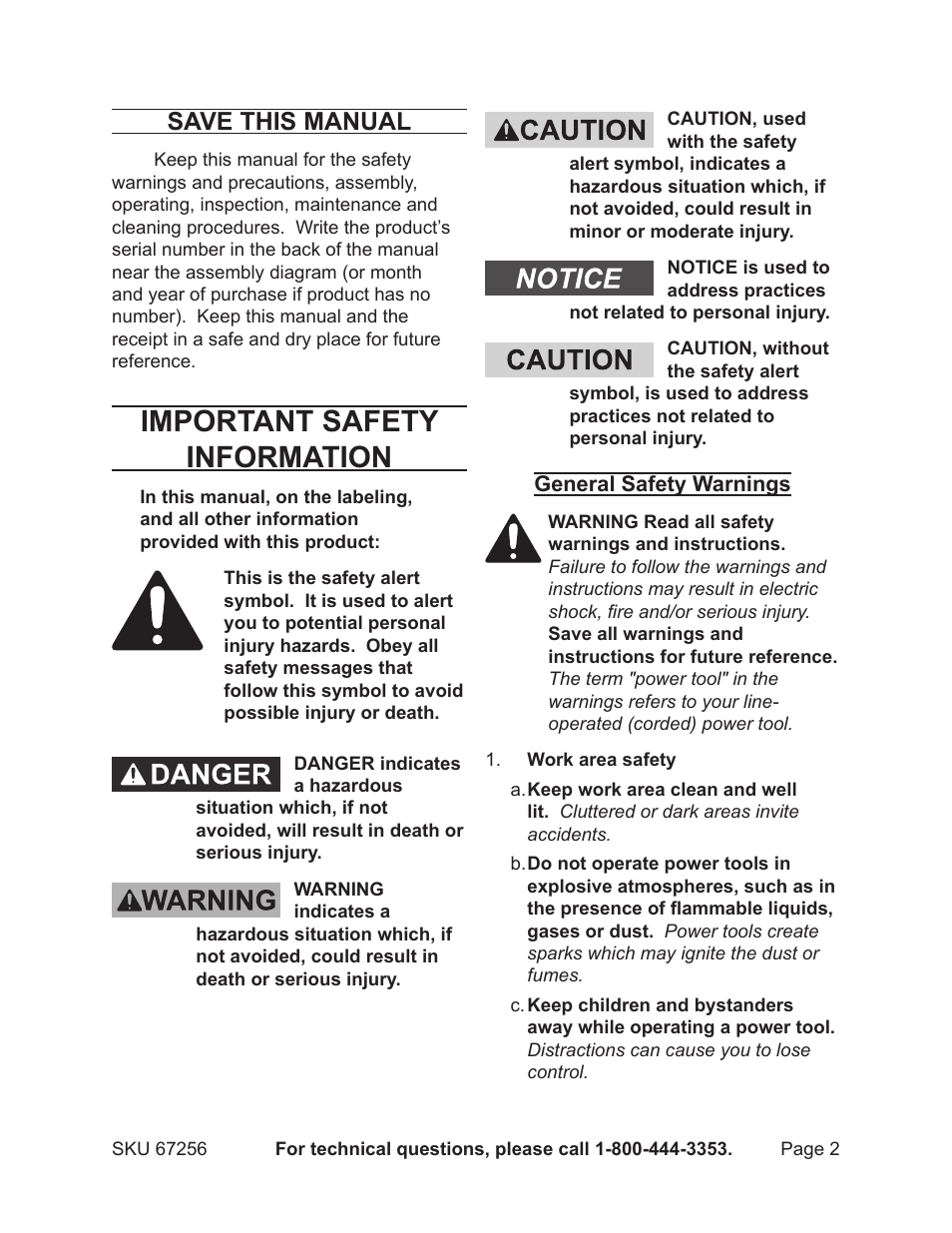 Important safety information, Save this manual | Chicago Electric MULTI-FUNCTION POWER TOOL 67256 User Manual | Page 2 / 14