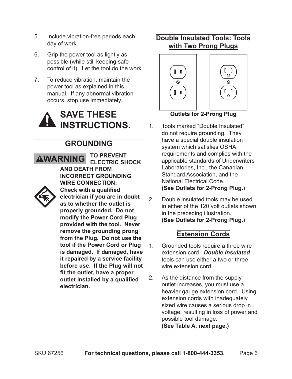 Save these instructions, Grounding | Chicago Electric MULTI-FUNCTION POWER TOOL 67256 User Manual | Page 6 / 14