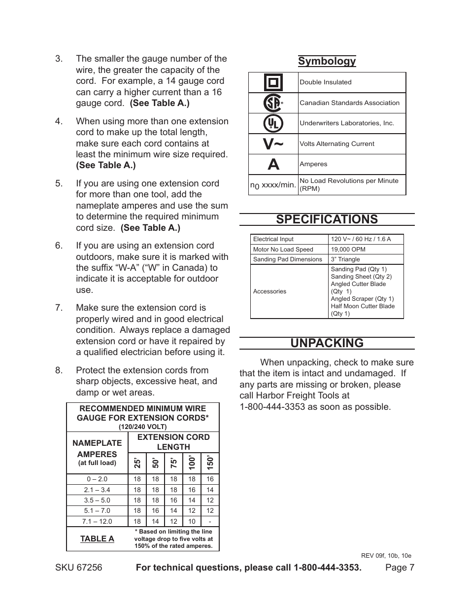 Specifications, Unpacking, Symbology | Chicago Electric MULTI-FUNCTION POWER TOOL 67256 User Manual | Page 7 / 14