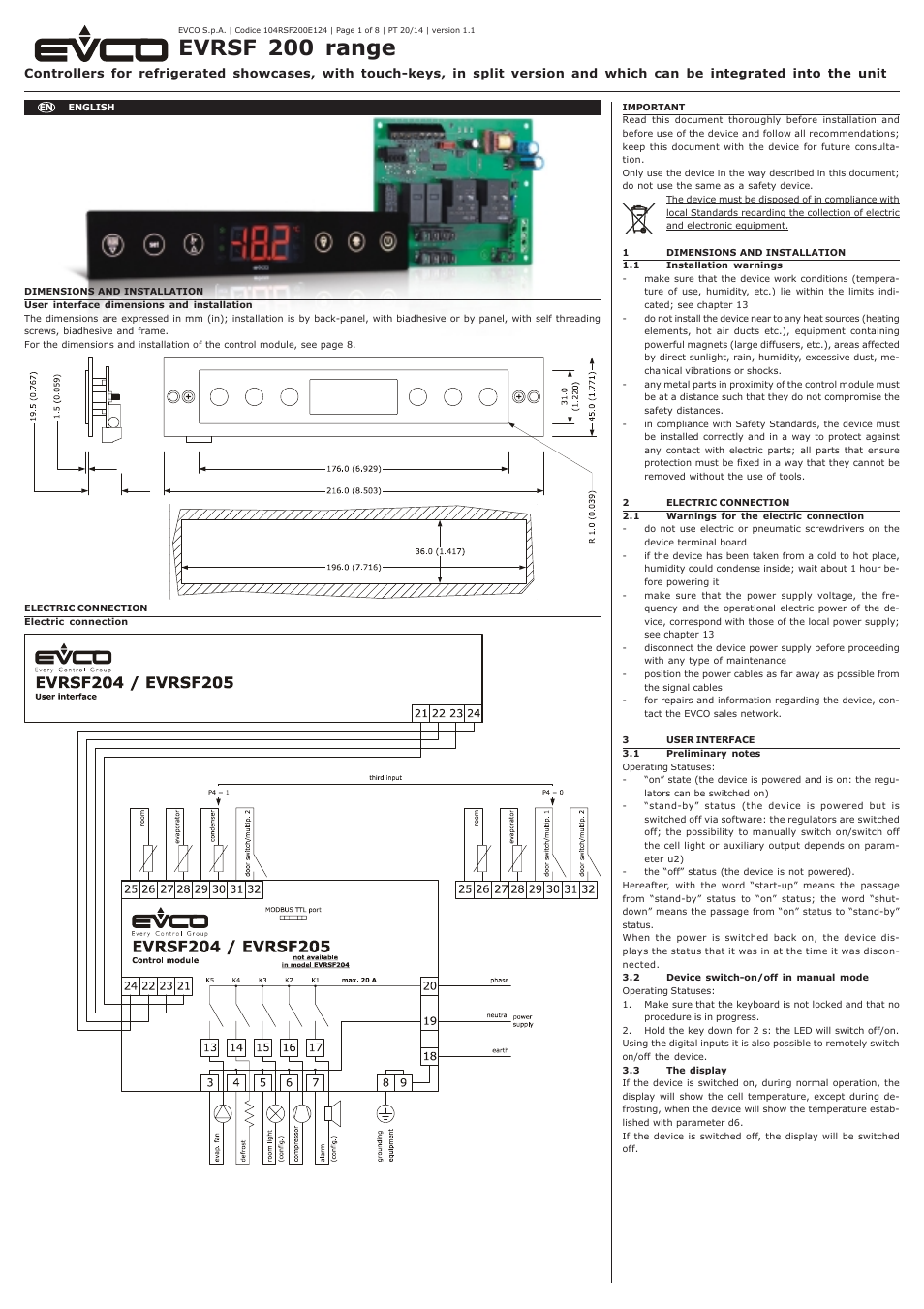 EVCO EVRSF205N9VRB User Manual | 8 pages