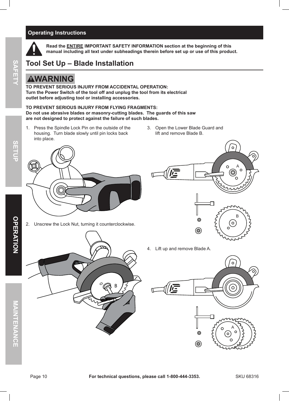 Tool set up – blade installation, Safety opera tion maintenance setup | Chicago Electric Double Cut Saw 68316 User Manual | Page 10 / 20