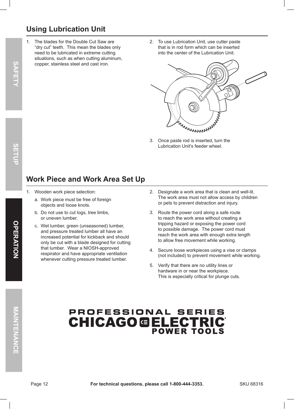 Using lubrication unit, Work piece and work area set up, Safety opera tion maintenance setup | Chicago Electric Double Cut Saw 68316 User Manual | Page 12 / 20