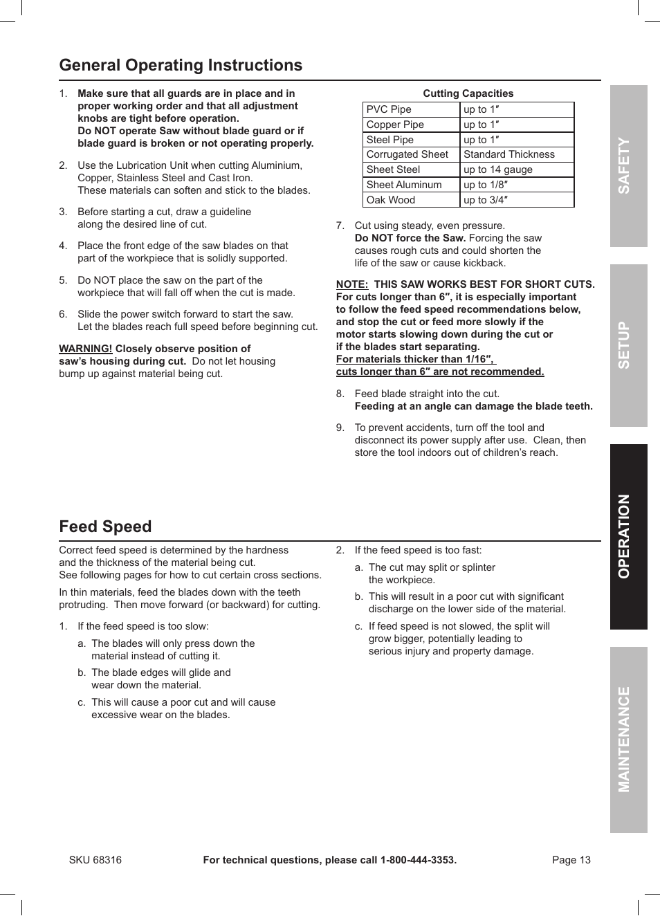 General operating instructions, Feed speed, Safety opera tion maintenance setup | Chicago Electric Double Cut Saw 68316 User Manual | Page 13 / 20