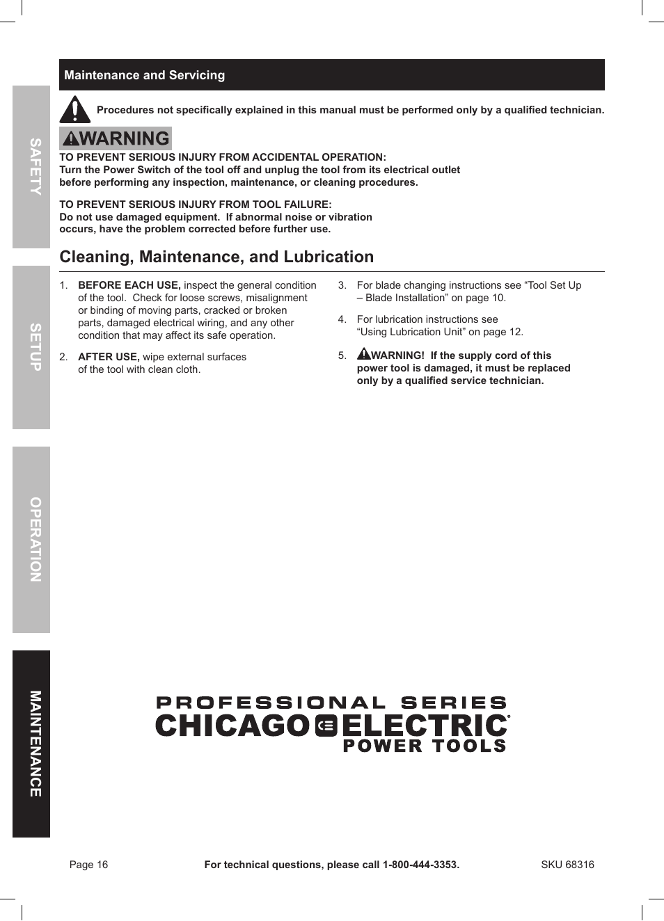 Cleaning, maintenance, and lubrication, Safety opera tion maintenance setup | Chicago Electric Double Cut Saw 68316 User Manual | Page 16 / 20