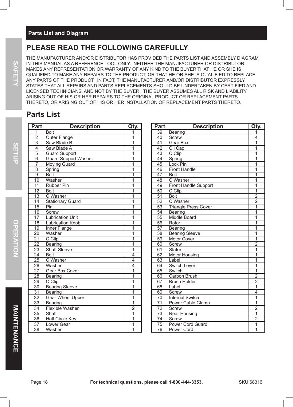 Please read the following carefully, Parts list, Safety opera tion maintenance setup | Chicago Electric Double Cut Saw 68316 User Manual | Page 18 / 20