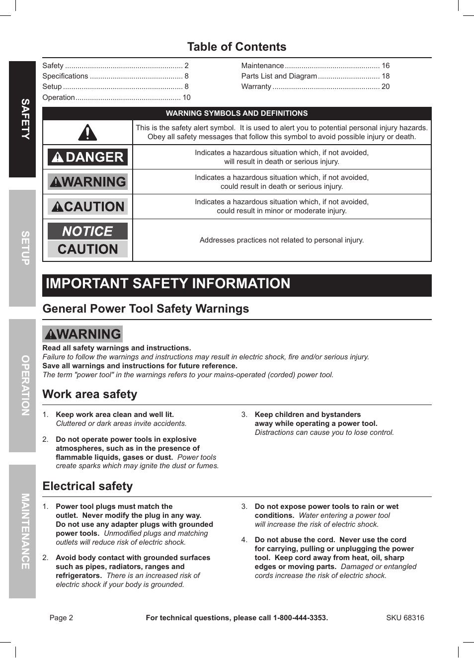 Chicago Electric Double Cut Saw 68316 User Manual | Page 2 / 20