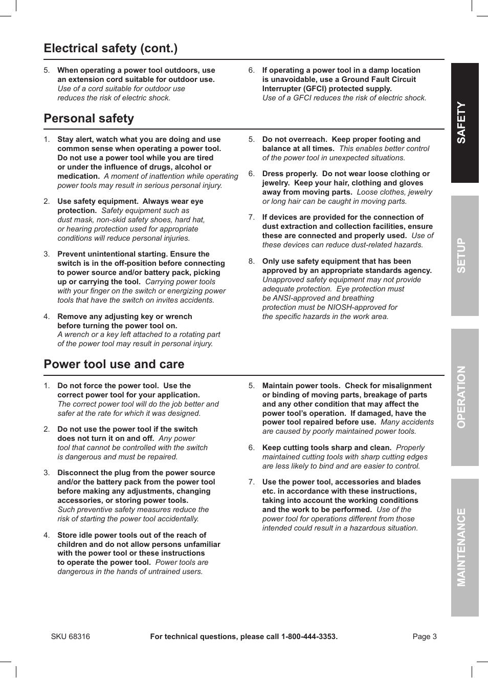 Personal safety, Power tool use and care, Electrical safety (cont.) | Safety opera tion maintenance setup | Chicago Electric Double Cut Saw 68316 User Manual | Page 3 / 20