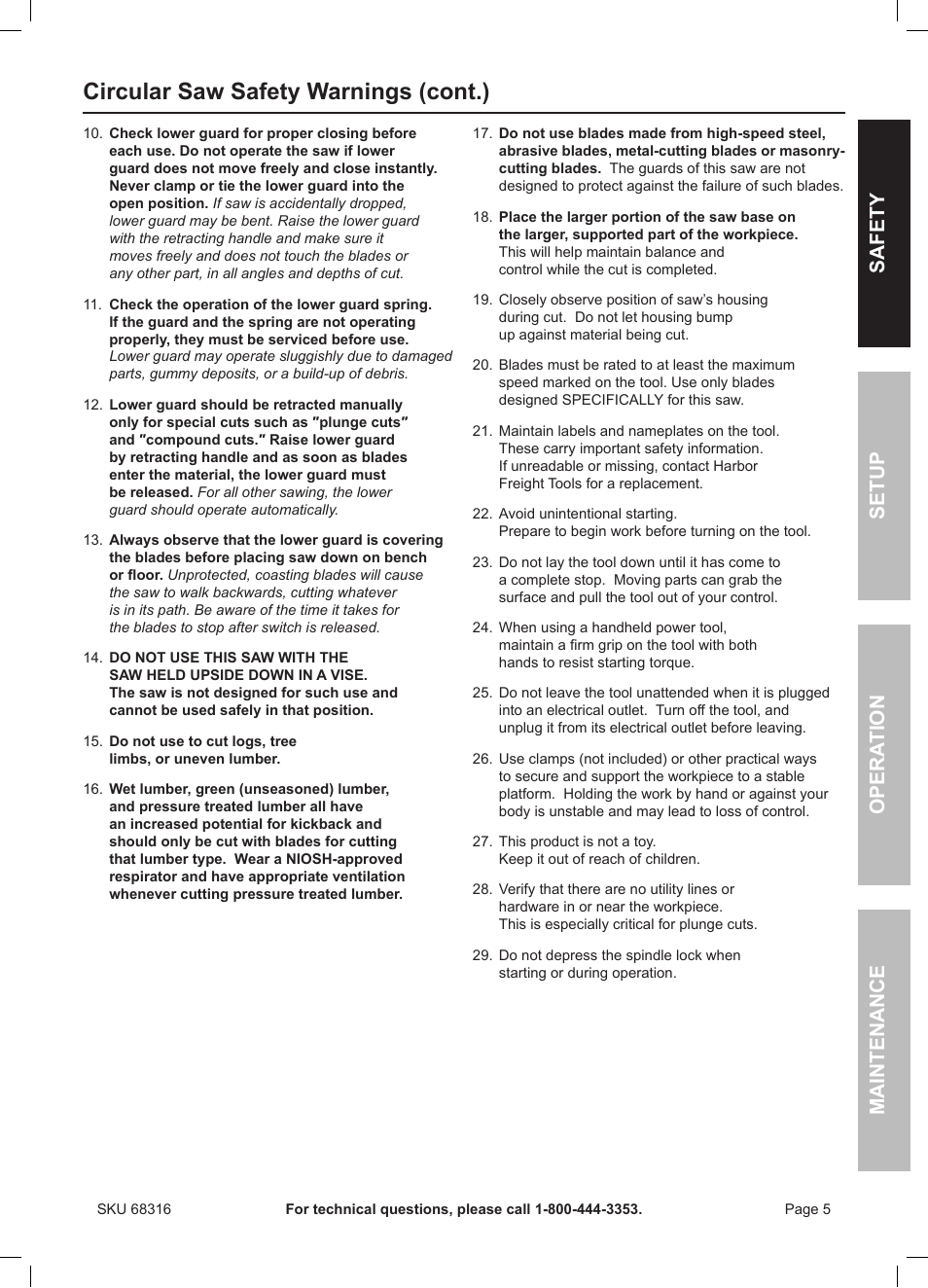 Circular saw safety warnings (cont.), Safety opera tion maintenance setup | Chicago Electric Double Cut Saw 68316 User Manual | Page 5 / 20