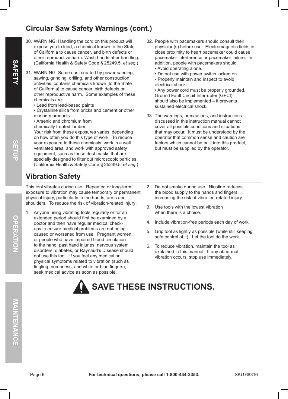 Save these instructions, Vibration safety, Circular saw safety warnings (cont.) | Safety opera tion maintenance setup | Chicago Electric Double Cut Saw 68316 User Manual | Page 6 / 20