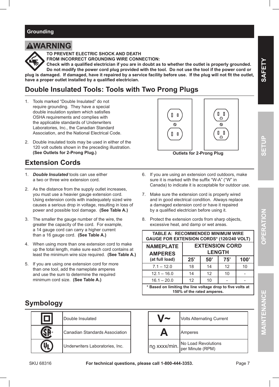 Double insulated tools: tools with two prong plugs, Extension cords, Symbology | Safety opera tion maintenance setup | Chicago Electric Double Cut Saw 68316 User Manual | Page 7 / 20