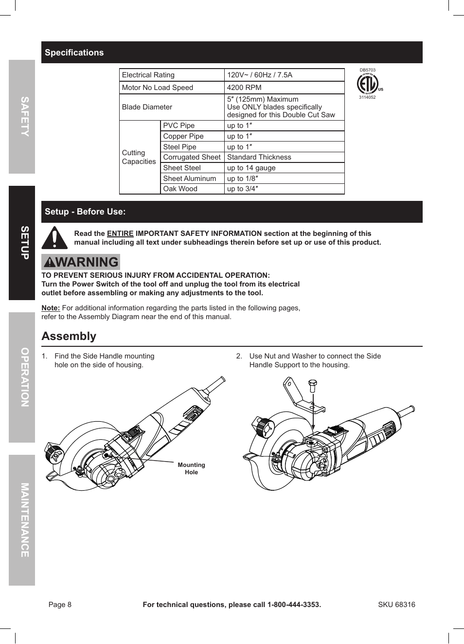 Assembly, Safety opera tion maintenance setup | Chicago Electric Double Cut Saw 68316 User Manual | Page 8 / 20