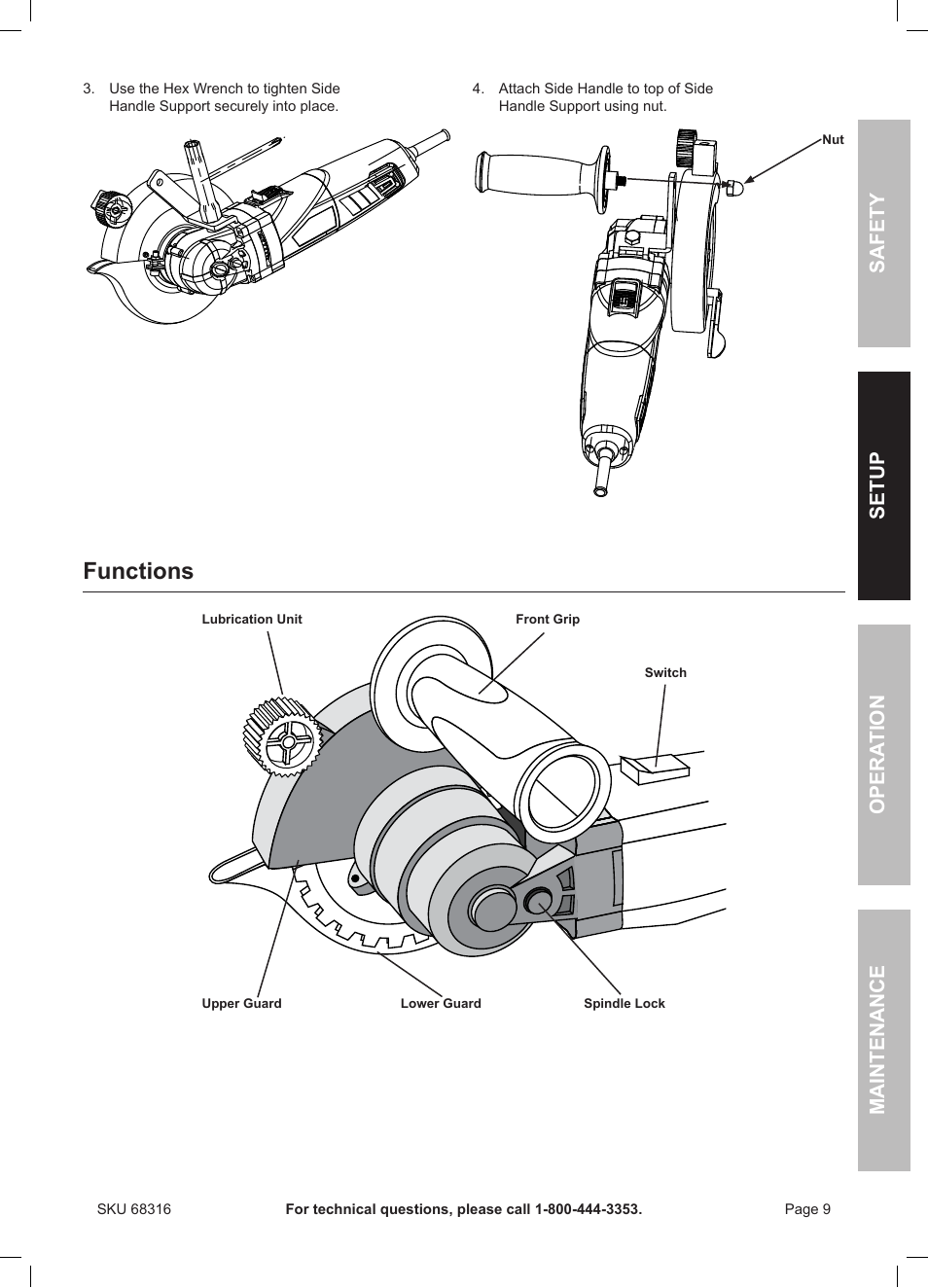 Functions, Safety opera tion maintenance setup | Chicago Electric Double Cut Saw 68316 User Manual | Page 9 / 20