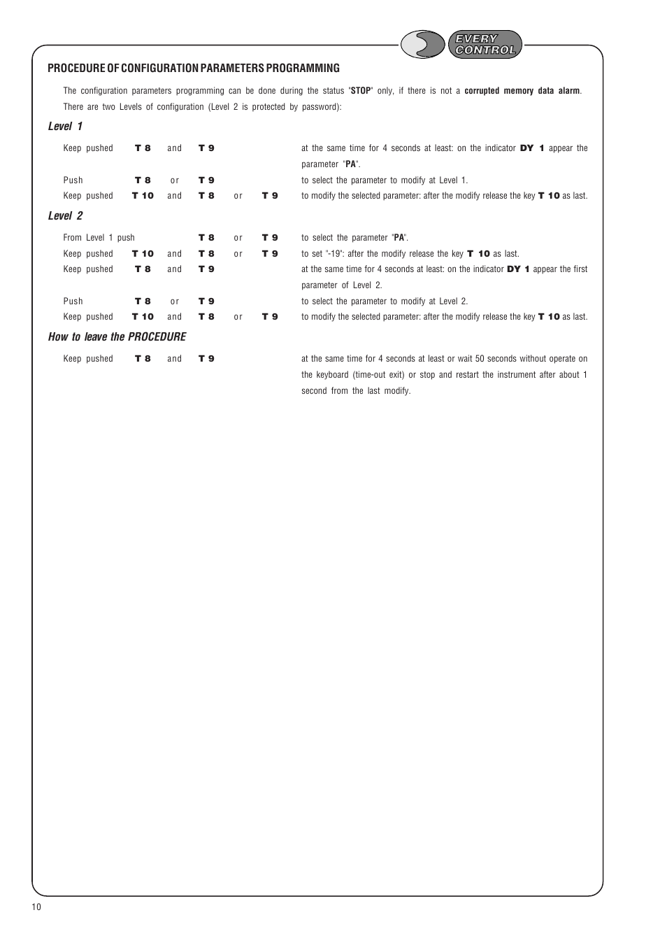 Procedure of configuration parameters programming, Level 1, Level 2 | How to leave the procedure | EVCO EK825AP7 User Manual | Page 10 / 14