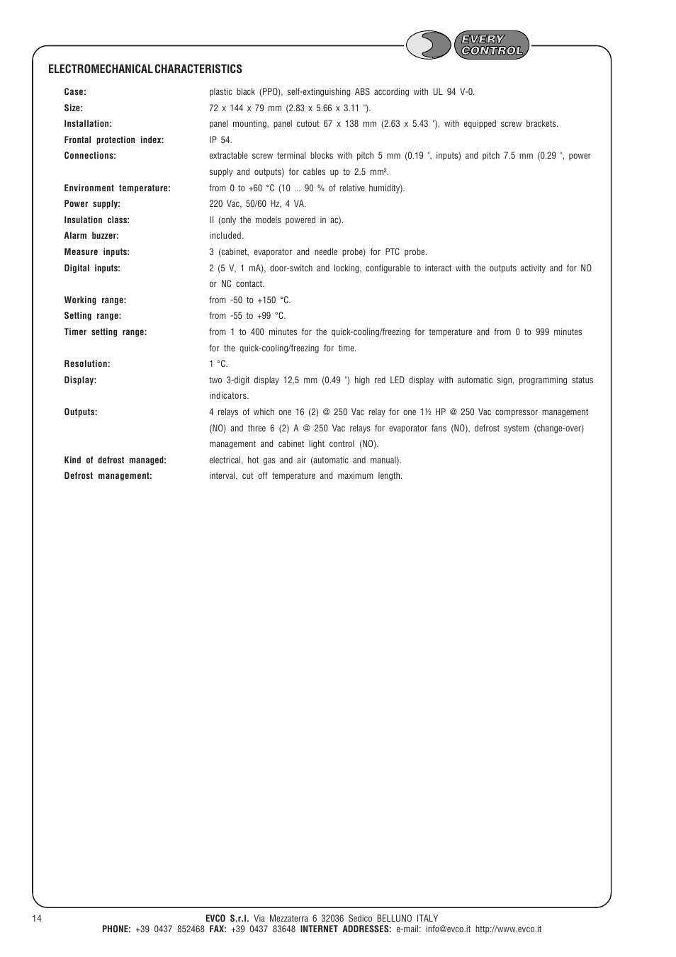 Electromechanical characteristics | EVCO EK825AP7 User Manual | Page 14 / 14