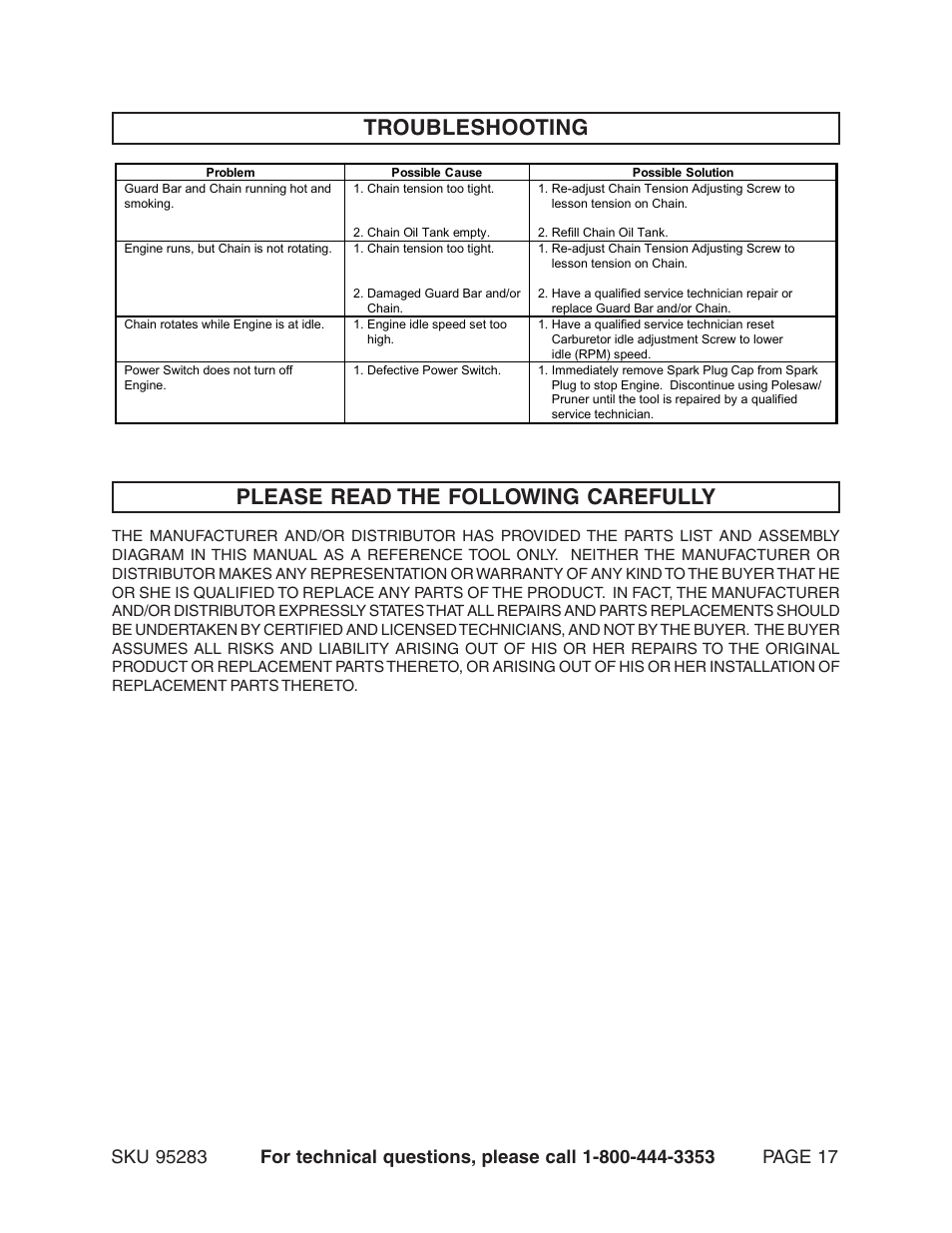 Please read the following carefully, Troubleshooting | Chicago Electric 95283 User Manual | Page 17 / 23