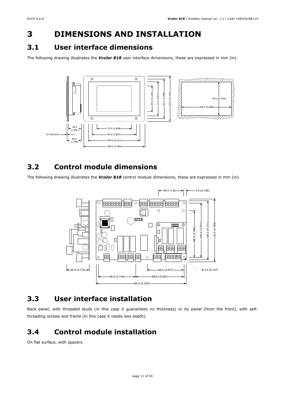 3dimensions and installation, 1 user interface dimensions, 2 control module dimensions | 3 user interface installation, 4 control module installation | EVCO EVCSR818P9EF User Manual | Page 11 / 94