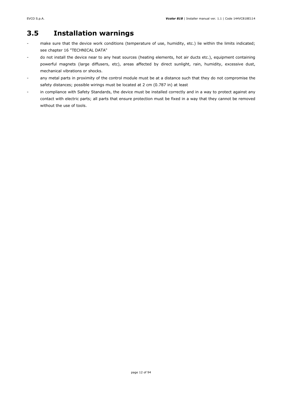5 installation warnings | EVCO EVCSR818P9EF User Manual | Page 12 / 94