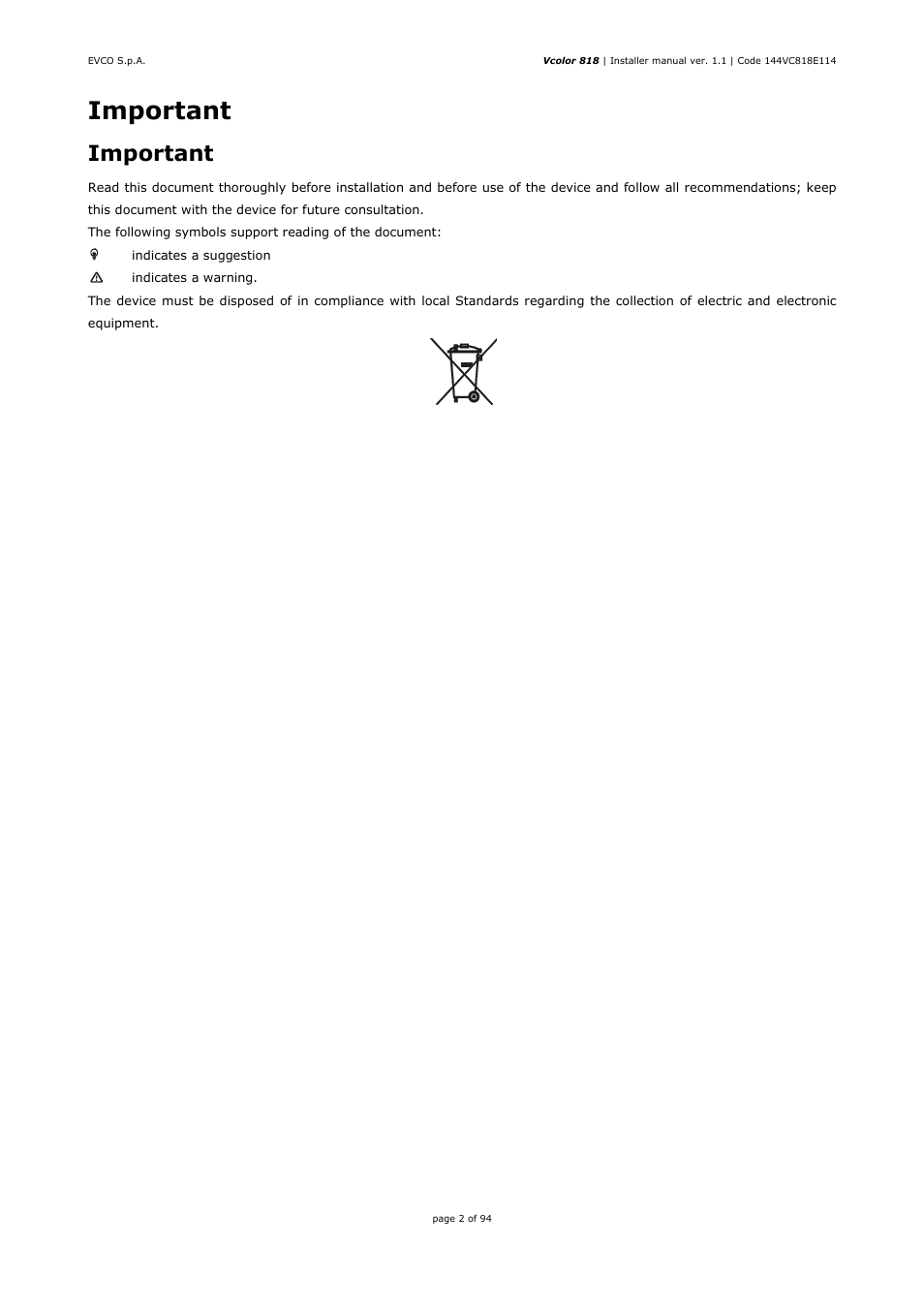 Important | EVCO EVCSR818P9EF User Manual | Page 2 / 94