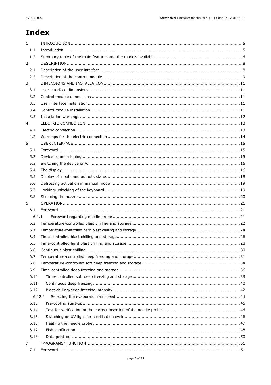Index | EVCO EVCSR818P9EF User Manual | Page 3 / 94