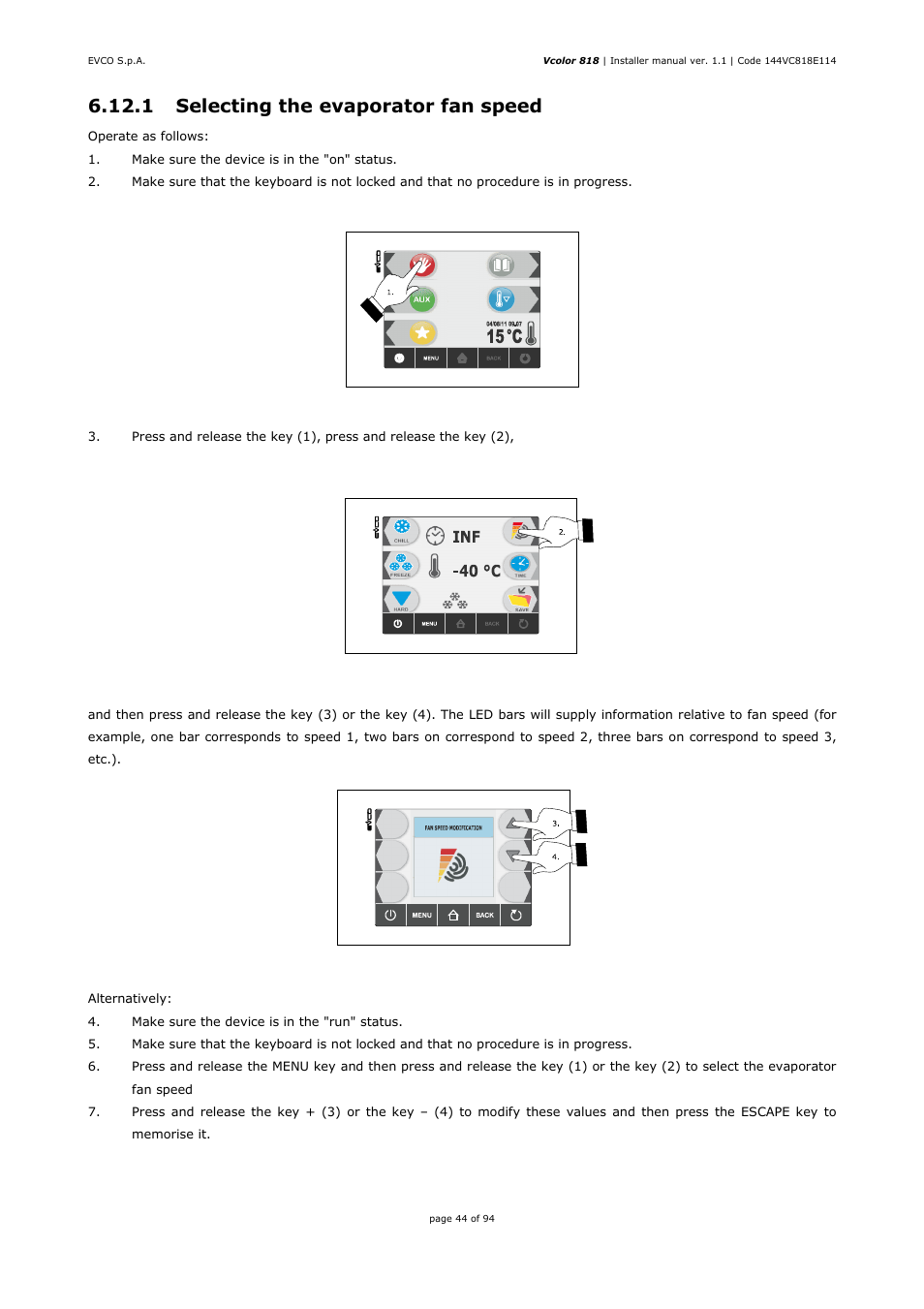 1 selecting the evaporator fan speed | EVCO EVCSR818P9EF User Manual | Page 44 / 94