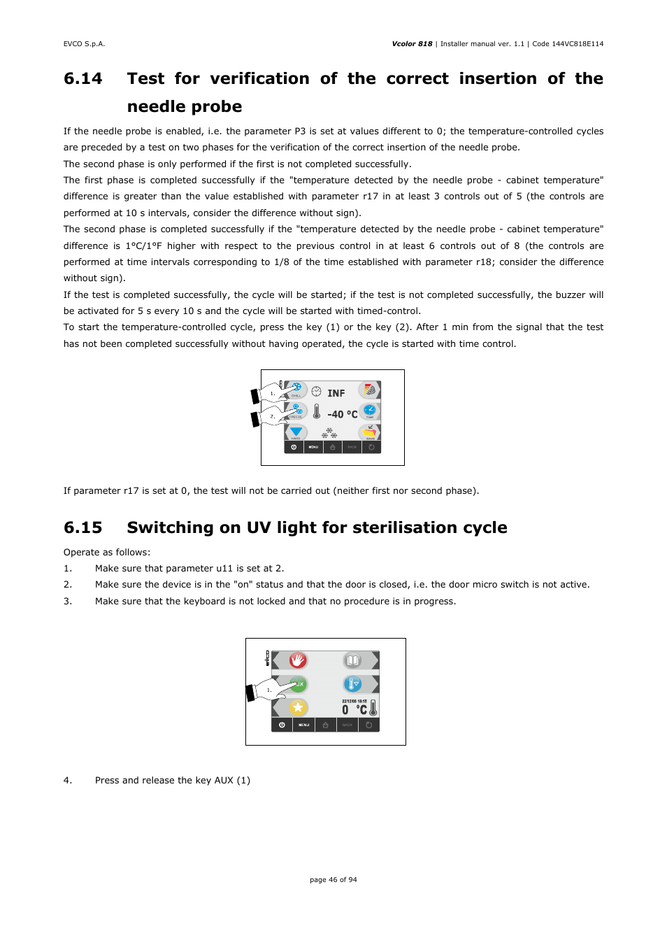 15 switching on uv light for sterilisation cycle | EVCO EVCSR818P9EF User Manual | Page 46 / 94