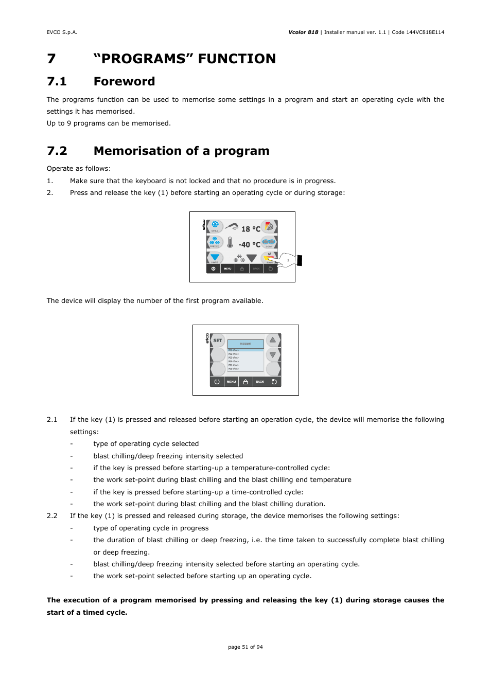 7“programs” function, 1 foreword | EVCO EVCSR818P9EF User Manual | Page 51 / 94