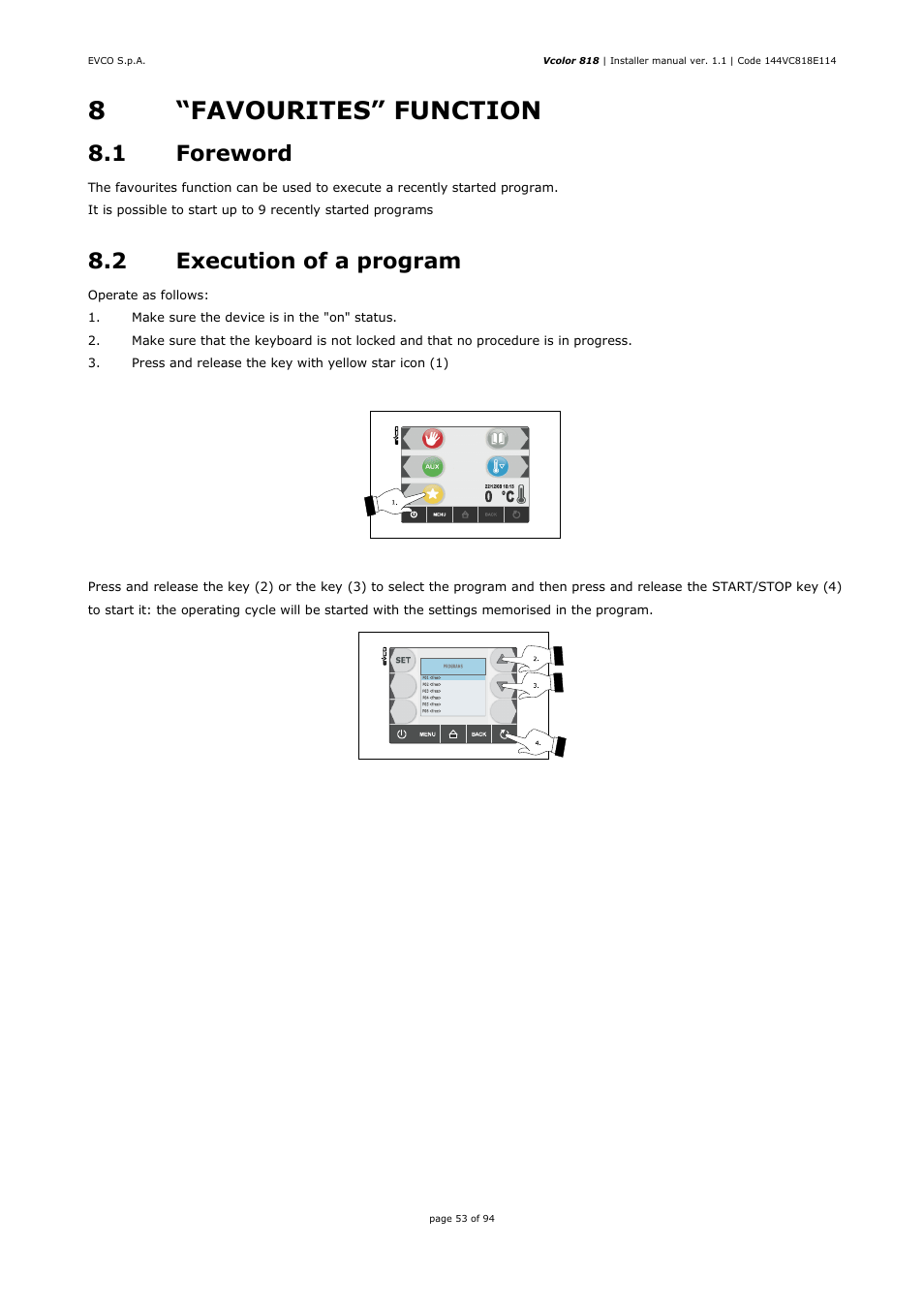 8“favourites” function, 1 foreword, 2 execution of a program | EVCO EVCSR818P9EF User Manual | Page 53 / 94