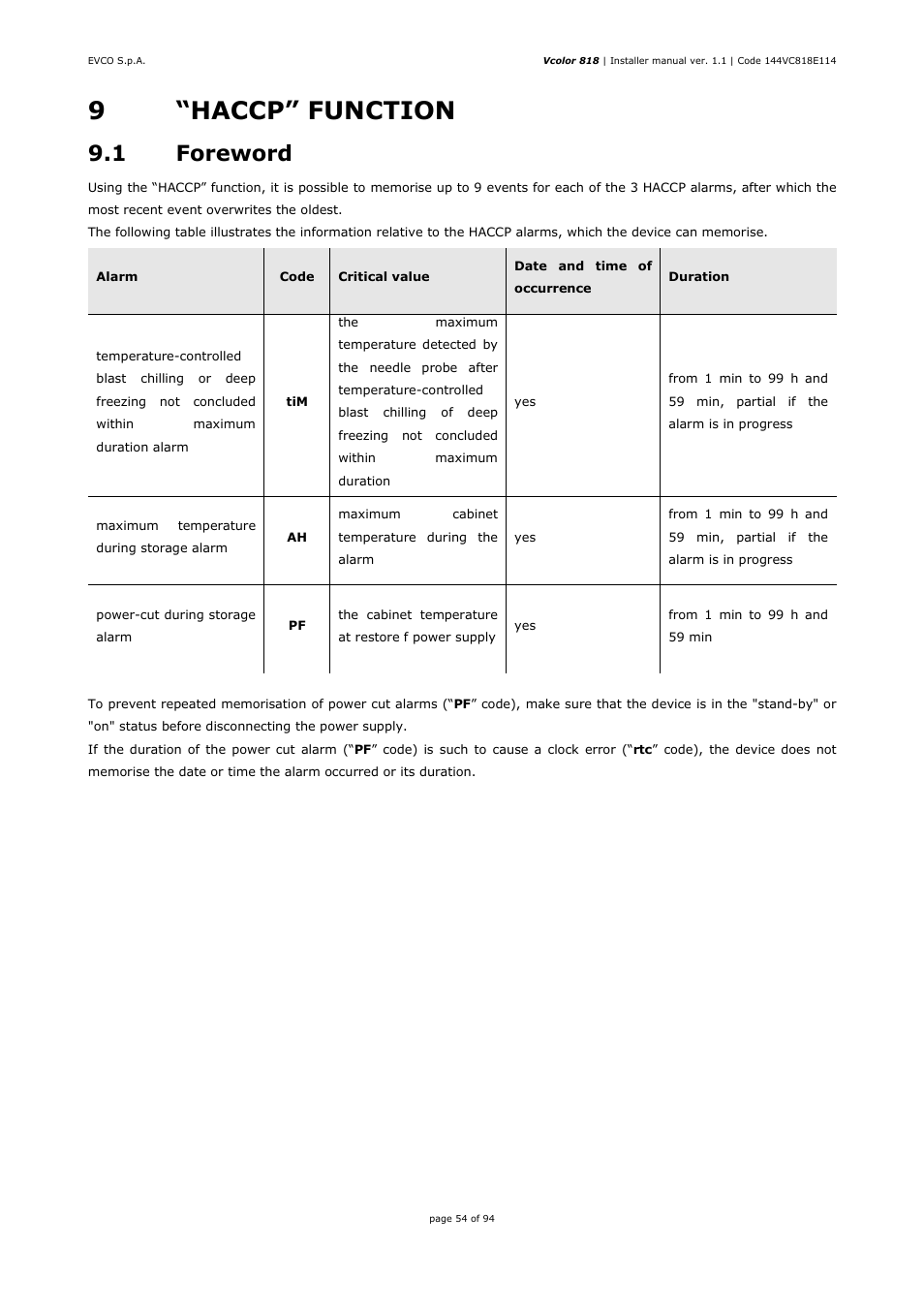 9“haccp” function, 1 foreword | EVCO EVCSR818P9EF User Manual | Page 54 / 94