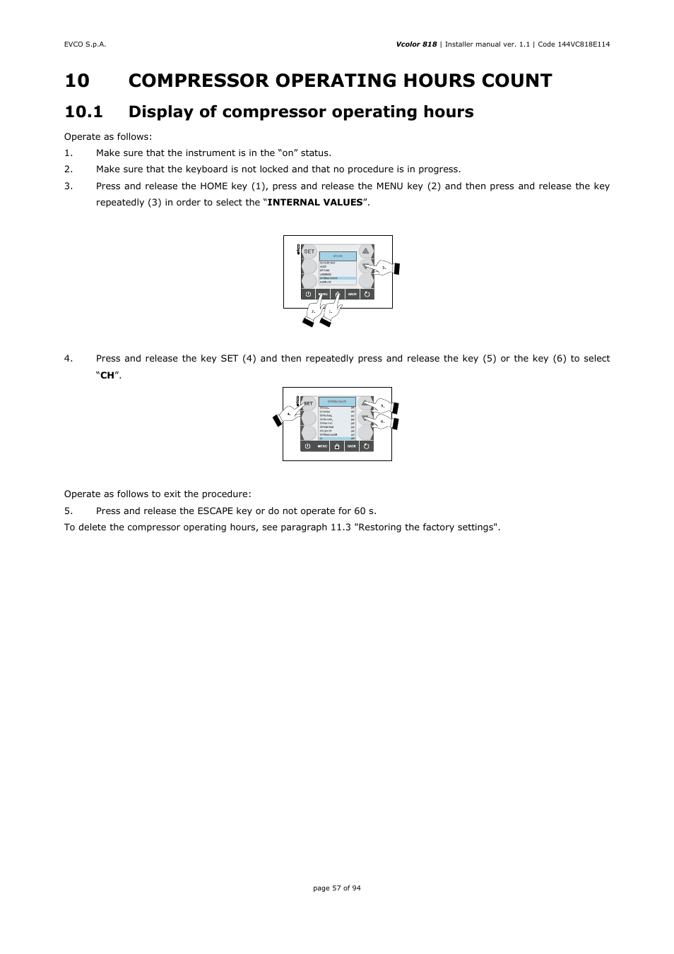 10 compressor operating hours count, 1 display of compressor operating hours | EVCO EVCSR818P9EF User Manual | Page 57 / 94