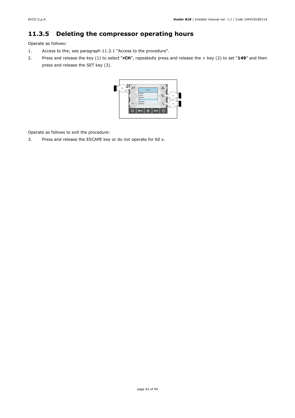 5 deleting the compressor operating hours | EVCO EVCSR818P9EF User Manual | Page 62 / 94